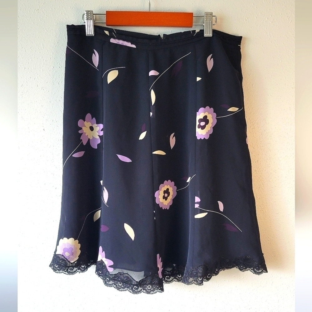 Vintage Y2K Black Lavender Floral Skirt Lace Trim Coquette E-girl sz 8